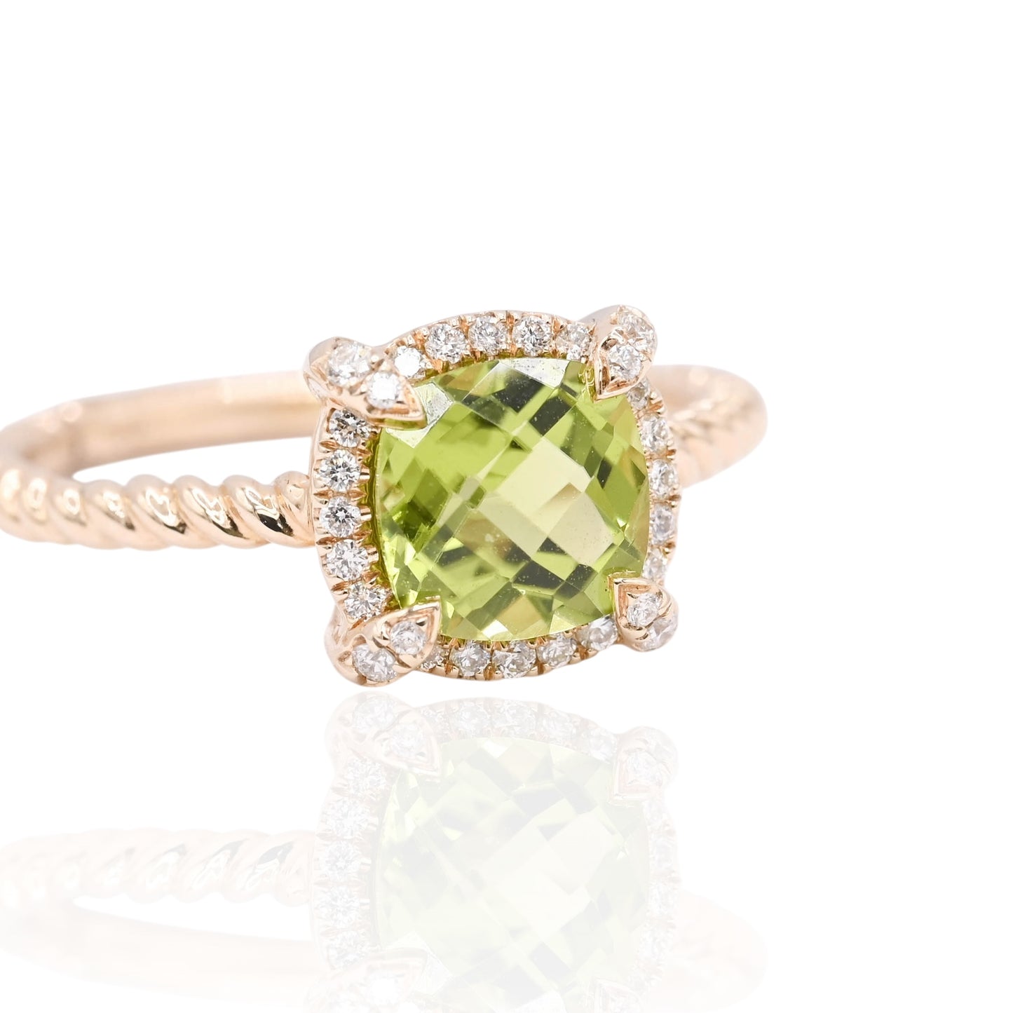 Peridot Braided Ring with Diamond Halo Ring 14K Yellow Gold Size 6.5 1.25ct Peridot/0.20cttw