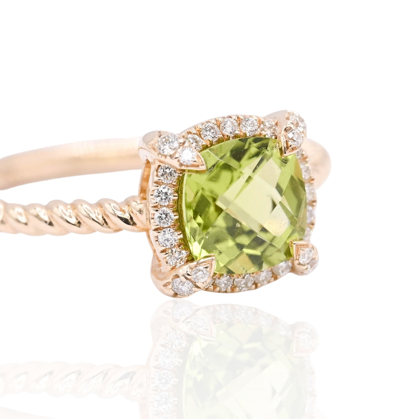 Peridot Braided Ring with Diamond Halo Ring 14K Yellow Gold Size 6.5 1.25ct Peridot/0.20cttw