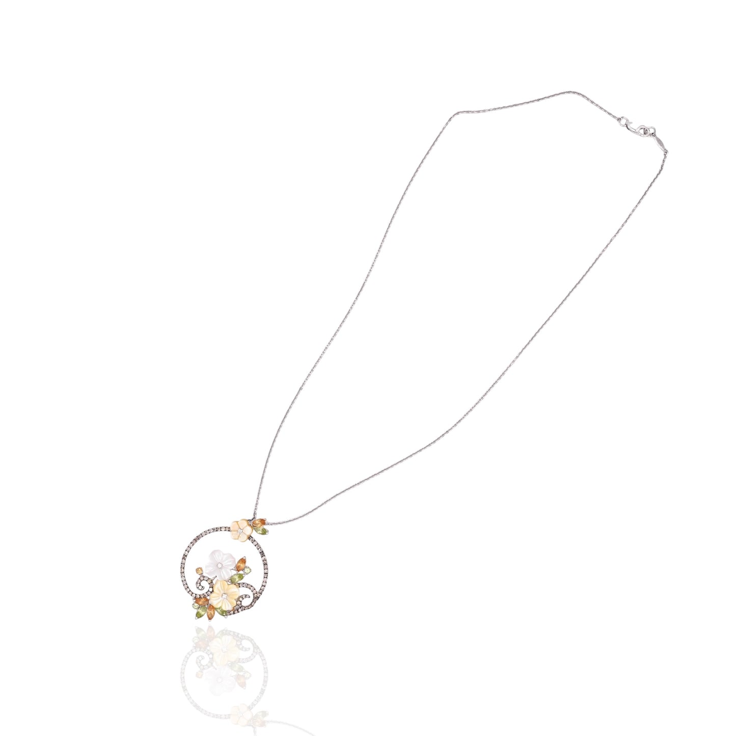 Mother of Pearl Ornate Round Floral Necklace with Champagne Diamonds, Citrine, and Peridot 14K White Gold 16in Diamond Cut Cable Chain 0.36cttw