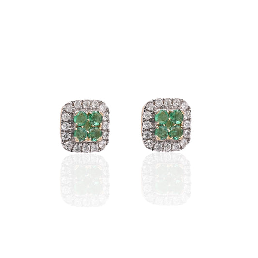 Emerald and Diamond Square Screw Back Earrings 14K Yellow Gold Emerald 0.33cttw/1.11cttw Diamond