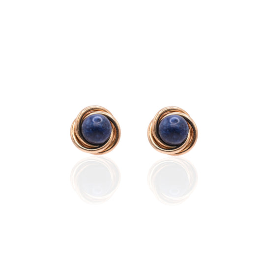 Lapis Lazul Round Twist Knot Earrings 14K Yellow Gold