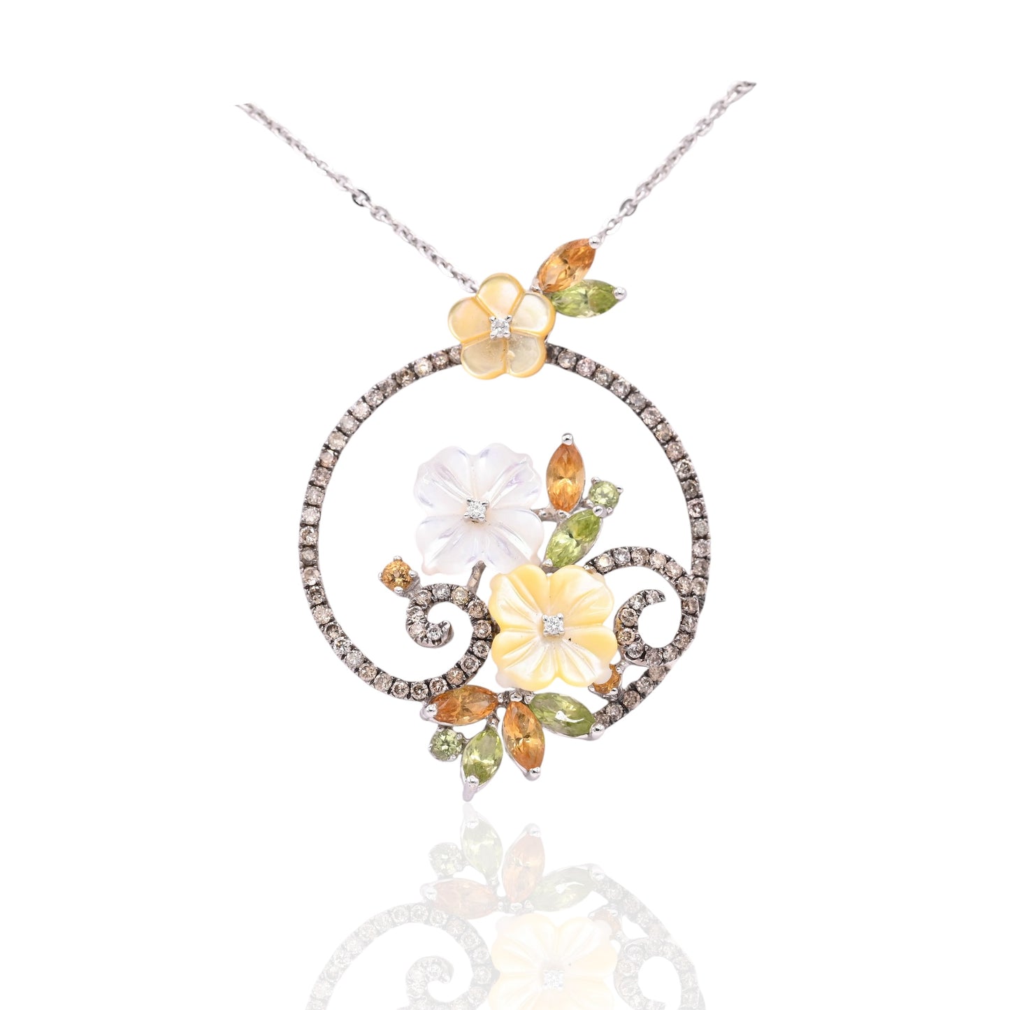 Mother of Pearl Ornate Round Floral Necklace with Champagne Diamonds, Citrine, and Peridot 14K White Gold 16in Diamond Cut Cable Chain 0.36cttw