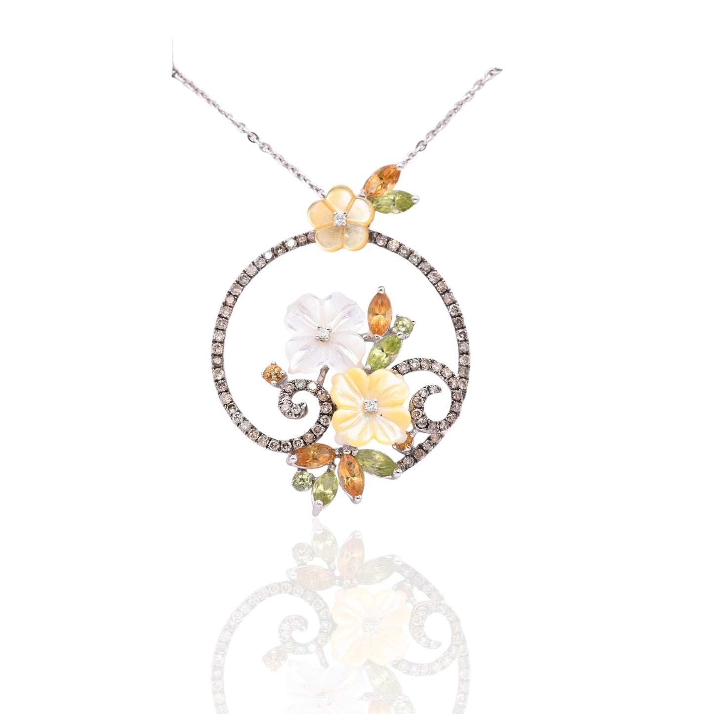Mother of Pearl Ornate Round Floral Necklace with Champagne Diamonds, Citrine, and Peridot 14K White Gold 16in Diamond Cut Cable Chain 0.36cttw