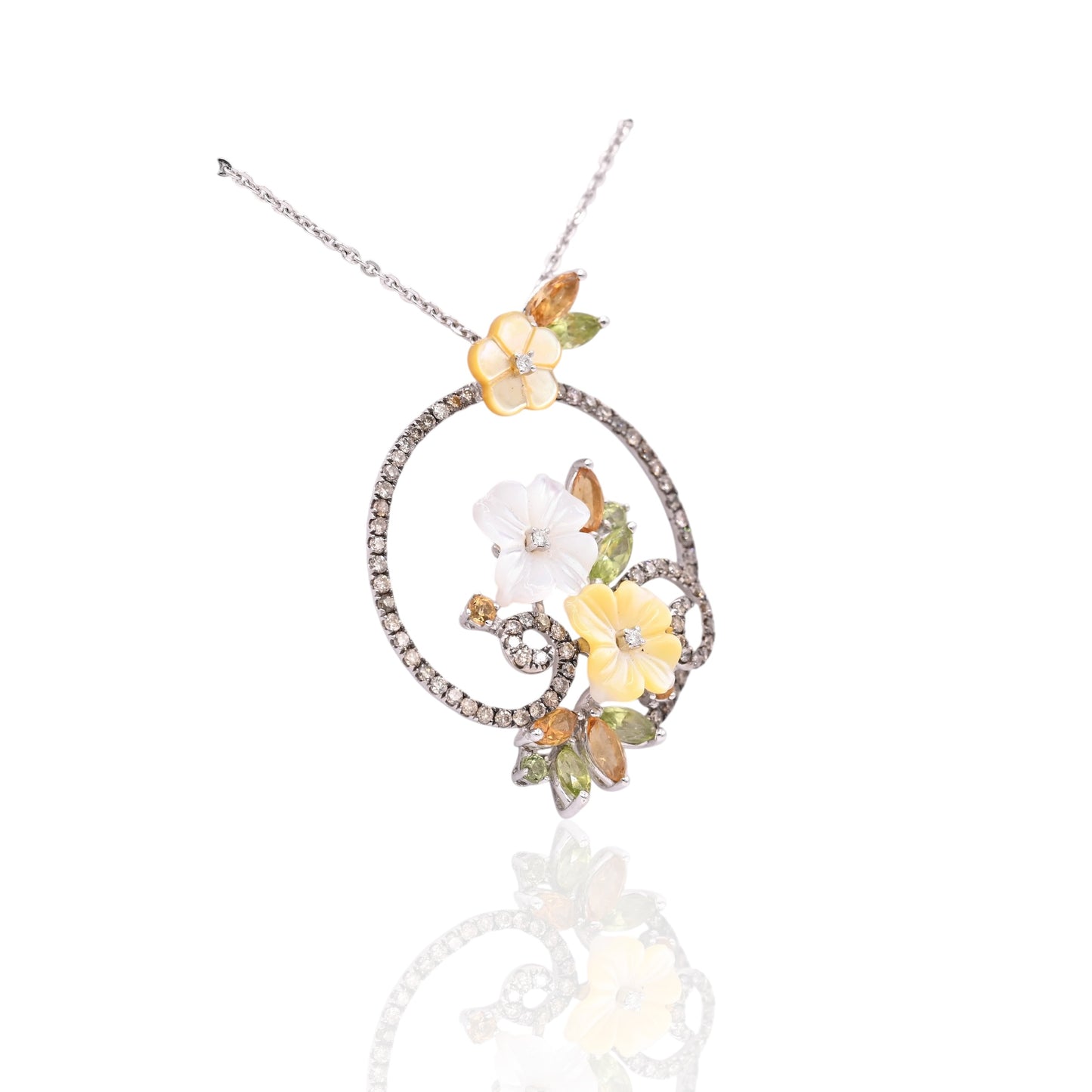 Mother of Pearl Ornate Round Floral Necklace with Champagne Diamonds, Citrine, and Peridot 14K White Gold 16in Diamond Cut Cable Chain 0.36cttw
