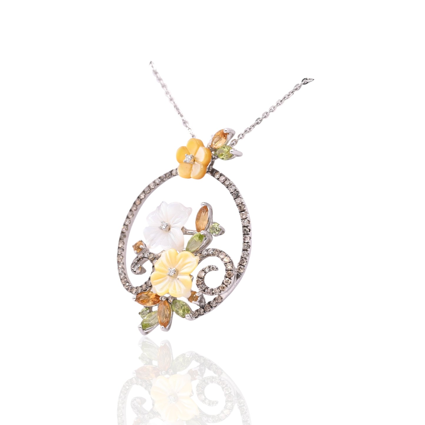 Mother of Pearl Ornate Round Floral Necklace with Champagne Diamonds, Citrine, and Peridot 14K White Gold 16in Diamond Cut Cable Chain 0.36cttw