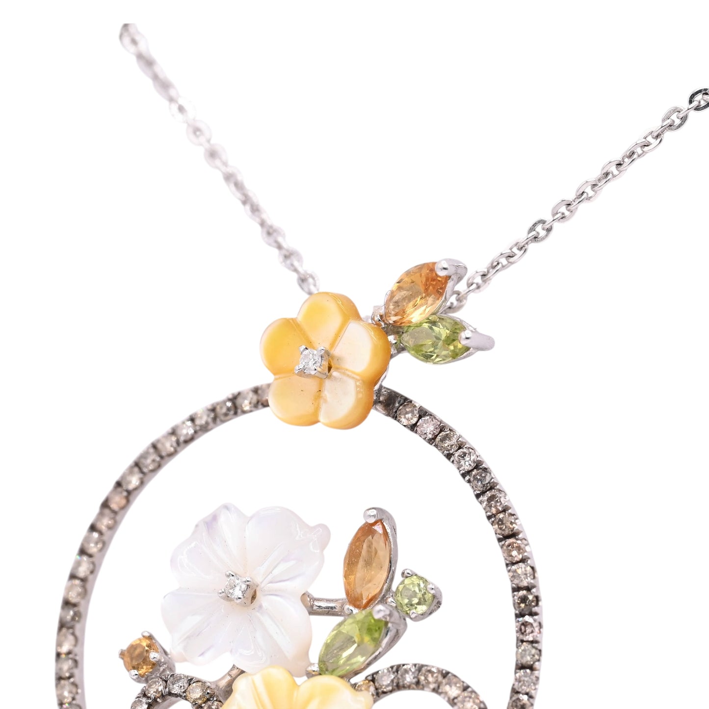 Mother of Pearl Ornate Round Floral Necklace with Champagne Diamonds, Citrine, and Peridot 14K White Gold 16in Diamond Cut Cable Chain 0.36cttw