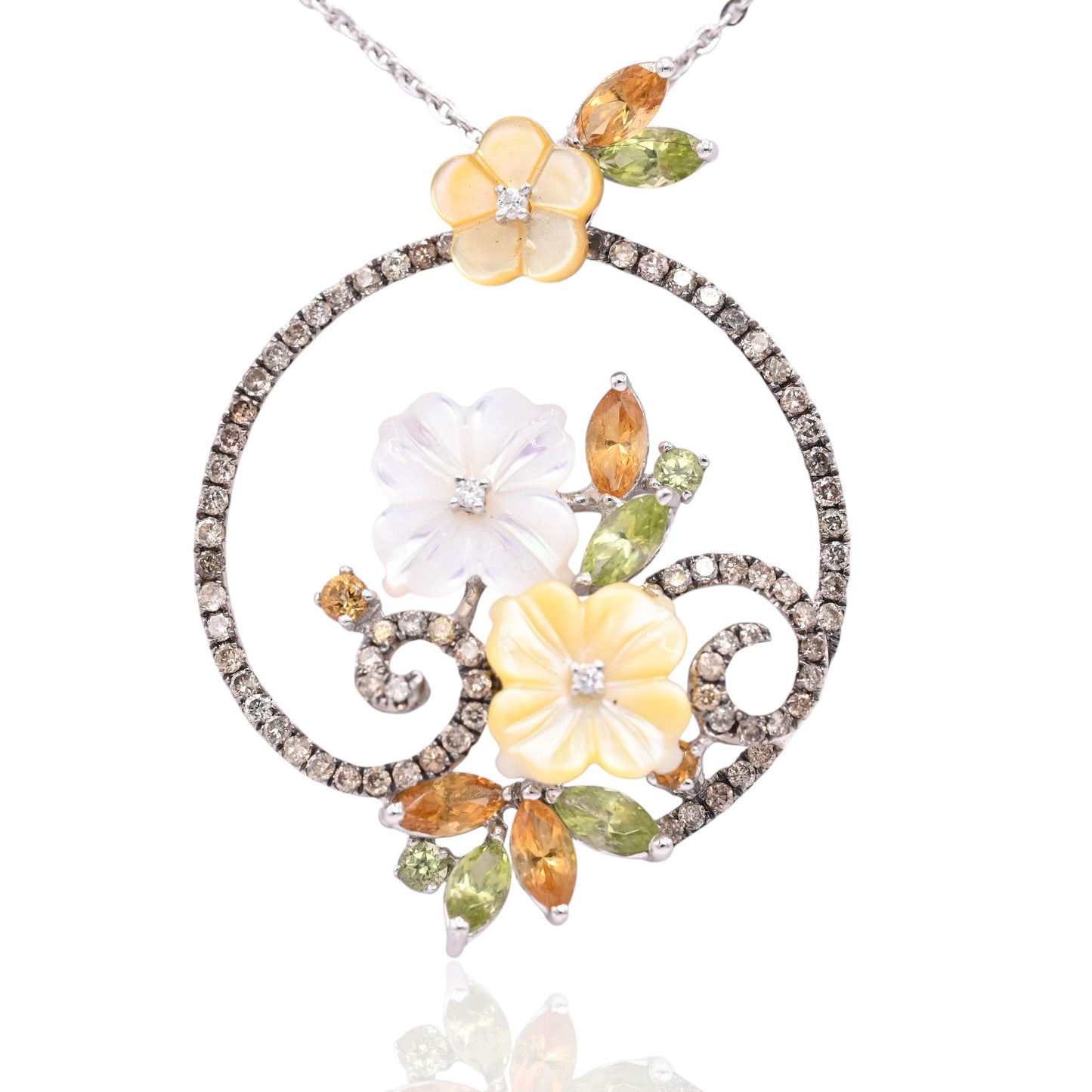 Mother of Pearl Ornate Round Floral Necklace with Champagne Diamonds, Citrine, and Peridot 14K White Gold 16in Diamond Cut Cable Chain 0.36cttw