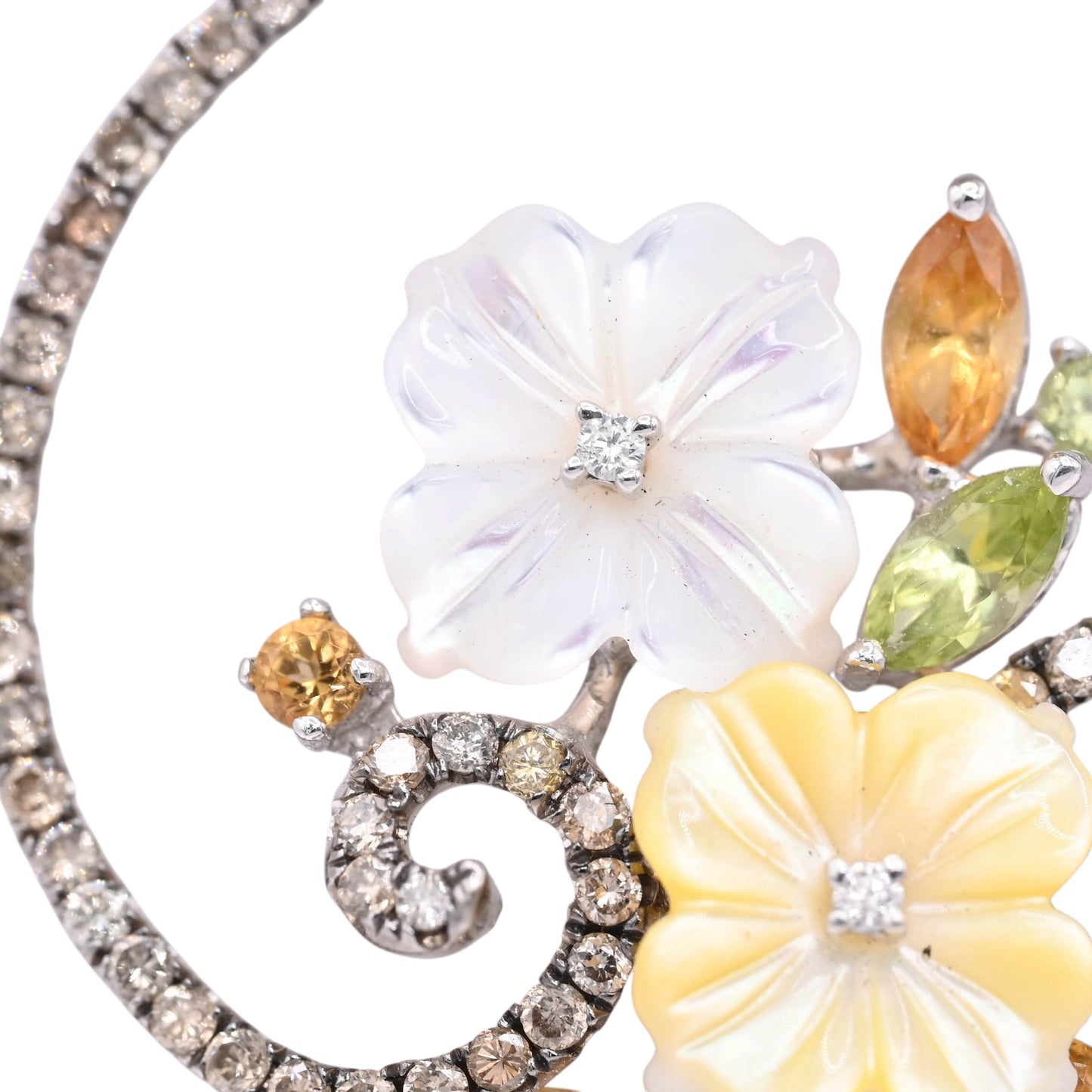 Mother of Pearl Ornate Round Floral Necklace with Champagne Diamonds, Citrine, and Peridot 14K White Gold 16in Diamond Cut Cable Chain 0.36cttw