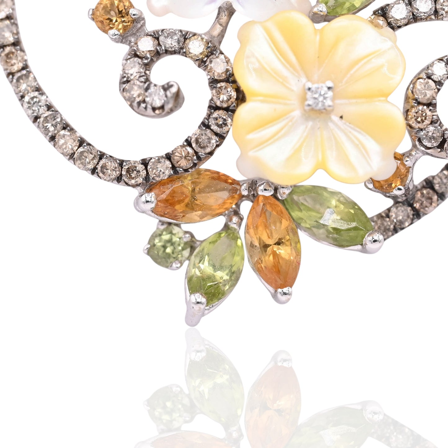 Mother of Pearl Ornate Round Floral Necklace with Champagne Diamonds, Citrine, and Peridot 14K White Gold 16in Diamond Cut Cable Chain 0.36cttw