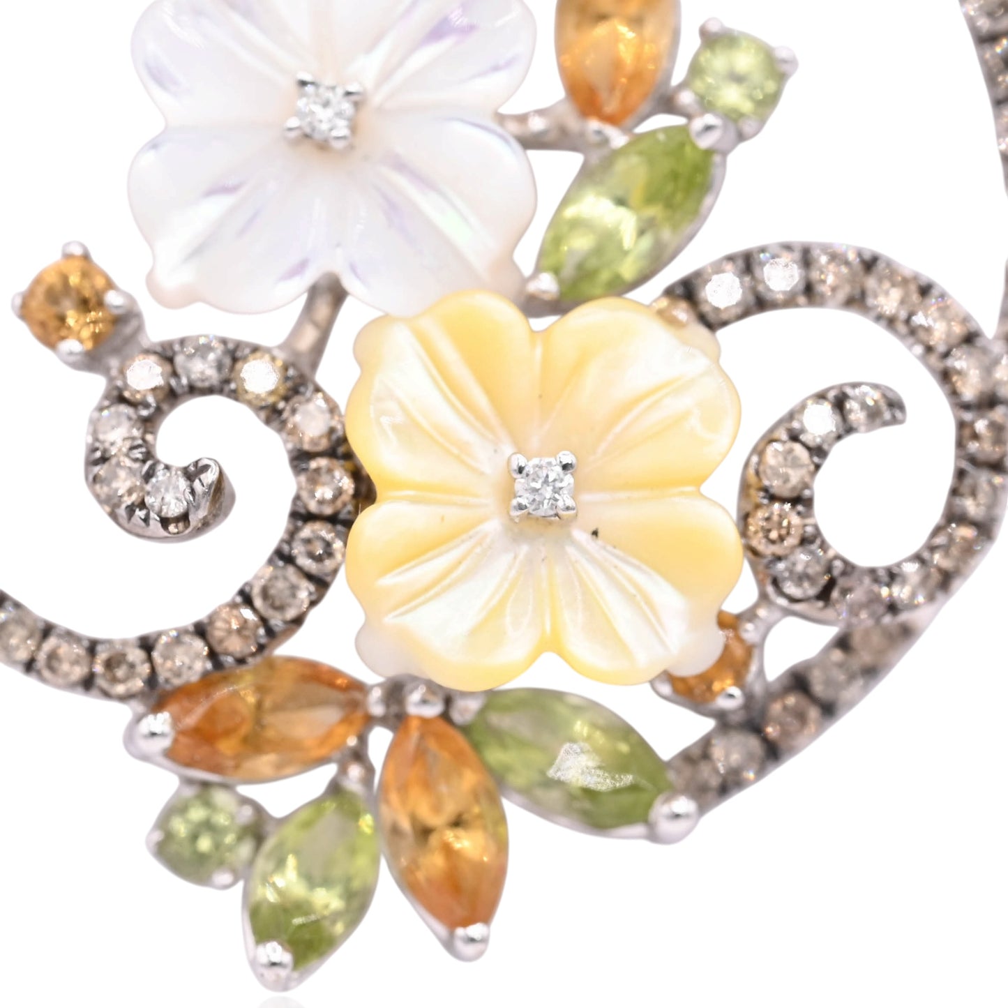Mother of Pearl Ornate Round Floral Necklace with Champagne Diamonds, Citrine, and Peridot 14K White Gold 16in Diamond Cut Cable Chain 0.36cttw