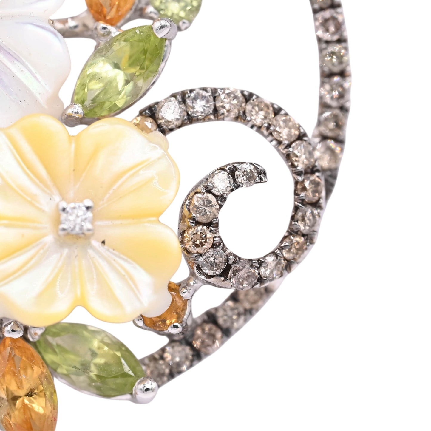 Mother of Pearl Ornate Round Floral Necklace with Champagne Diamonds, Citrine, and Peridot 14K White Gold 16in Diamond Cut Cable Chain 0.36cttw