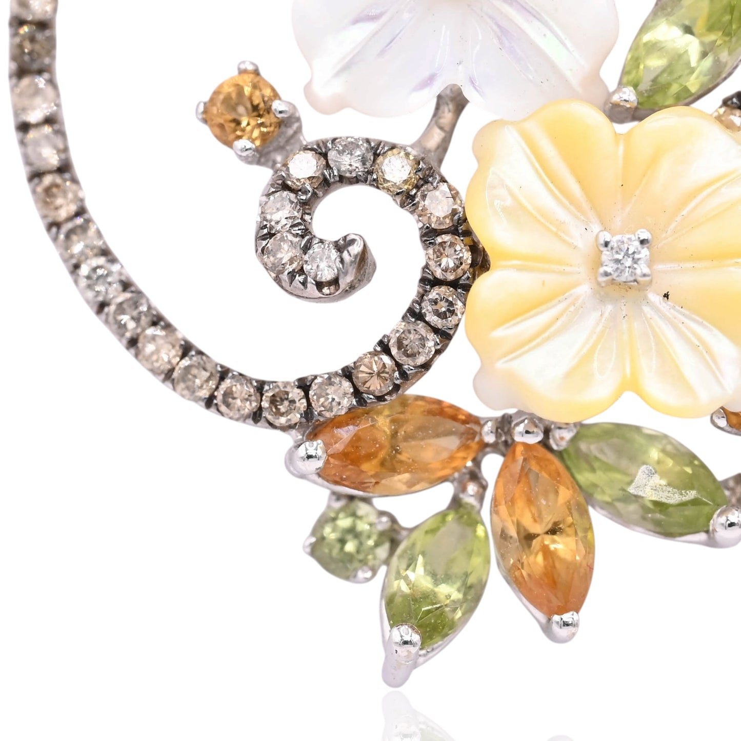 Mother of Pearl Ornate Round Floral Necklace with Champagne Diamonds, Citrine, and Peridot 14K White Gold 16in Diamond Cut Cable Chain 0.36cttw