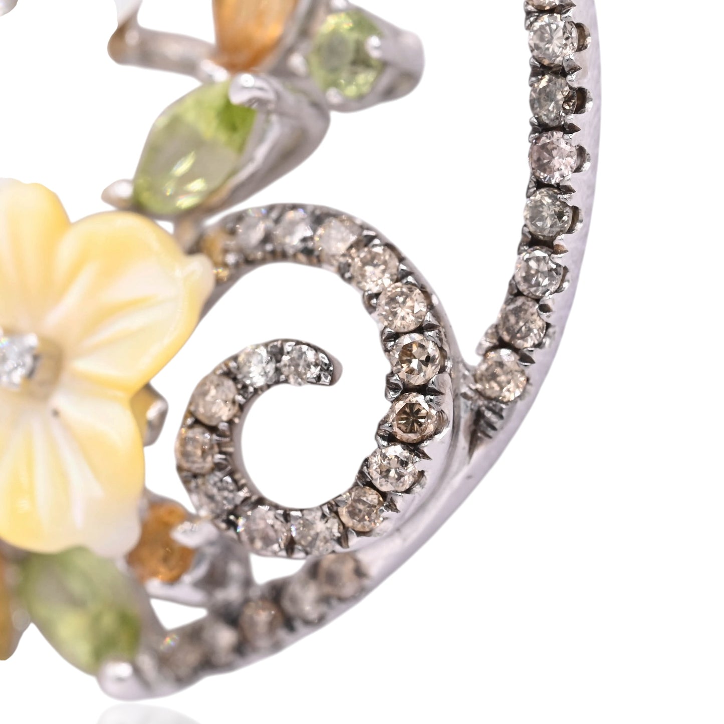 Mother of Pearl Ornate Round Floral Necklace with Champagne Diamonds, Citrine, and Peridot 14K White Gold 16in Diamond Cut Cable Chain 0.36cttw