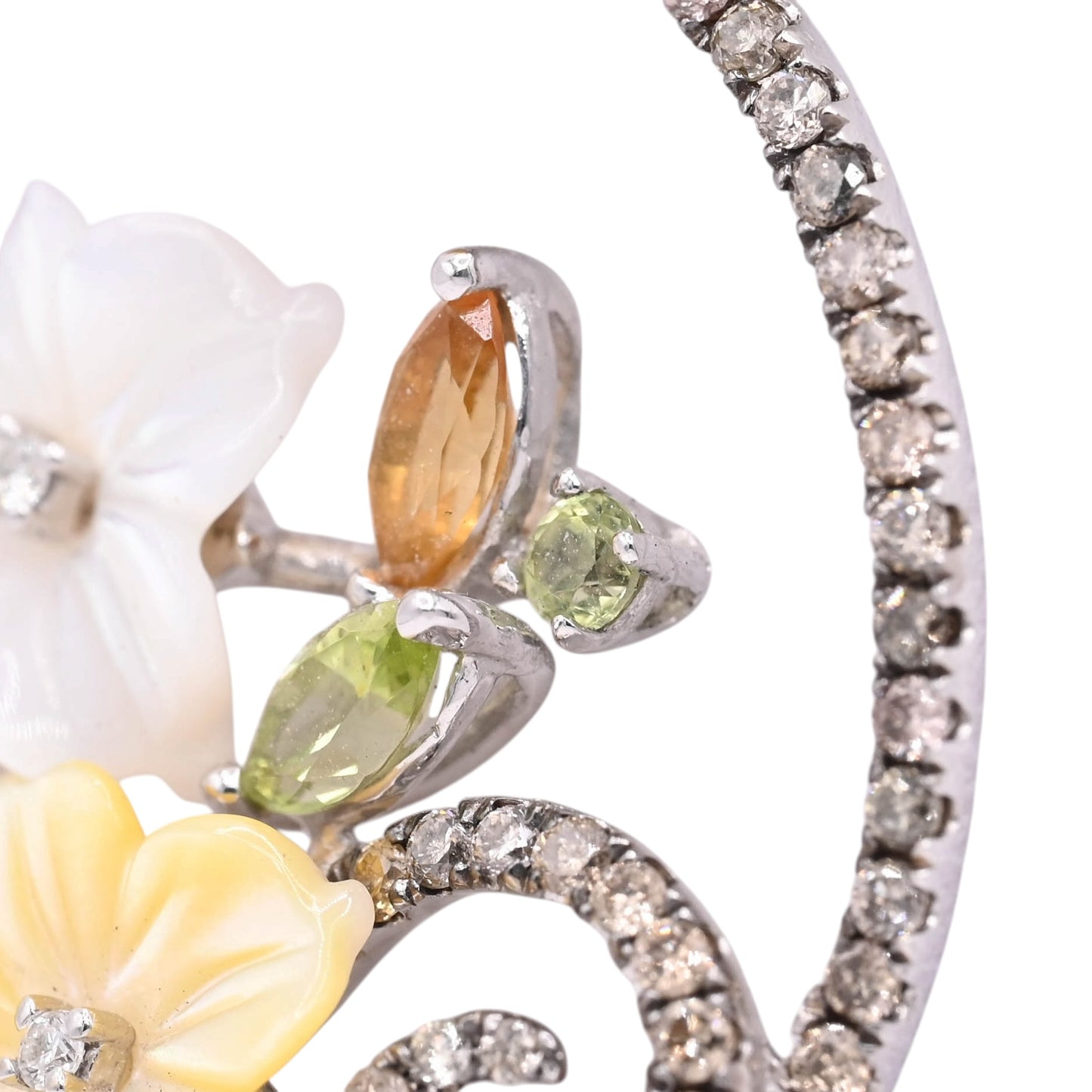 Mother of Pearl Ornate Round Floral Necklace with Champagne Diamonds, Citrine, and Peridot 14K White Gold 16in Diamond Cut Cable Chain 0.36cttw