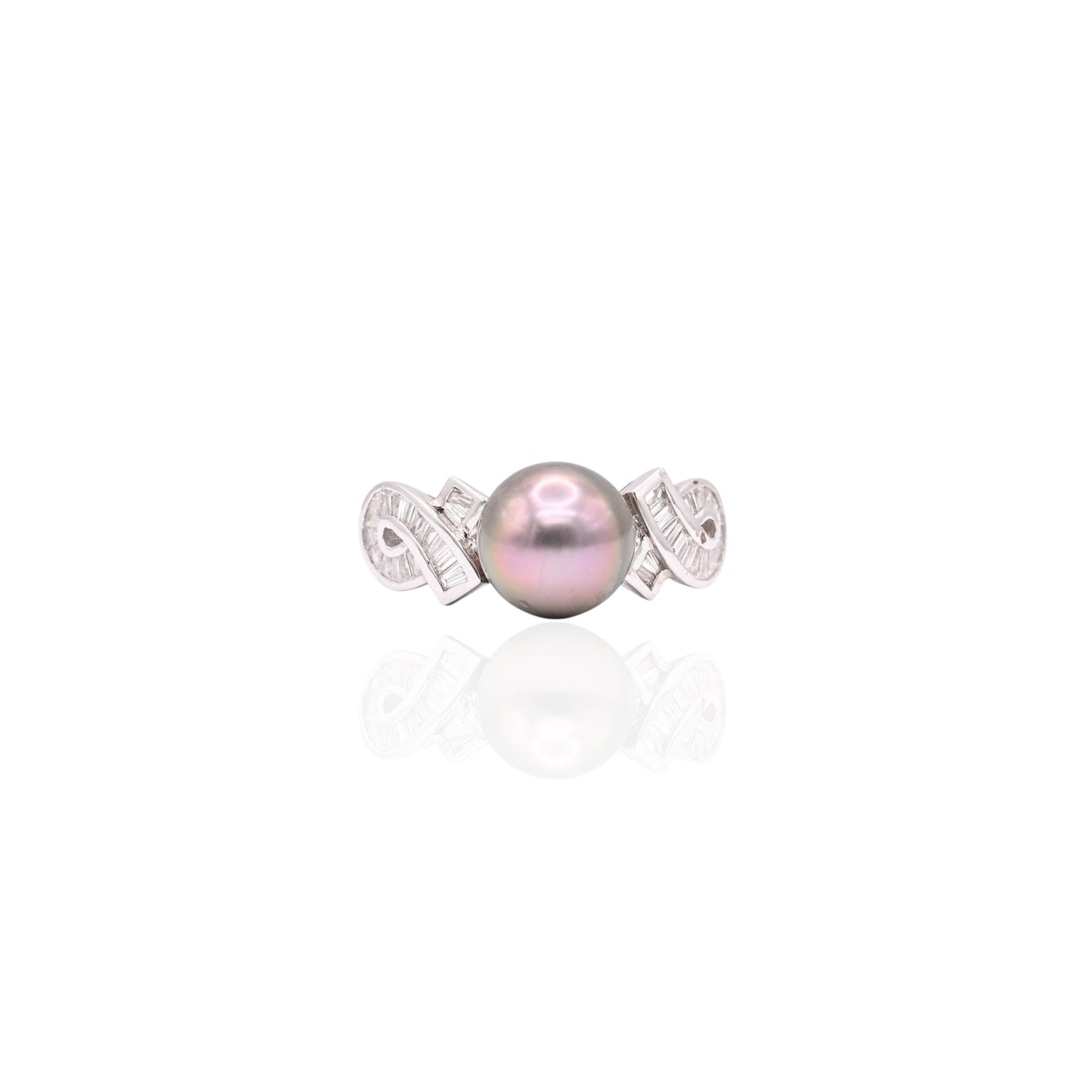 Tahitian Pearl and Ribboned Diamond Ring 14K White Gold Size 7.25 0.25cttw