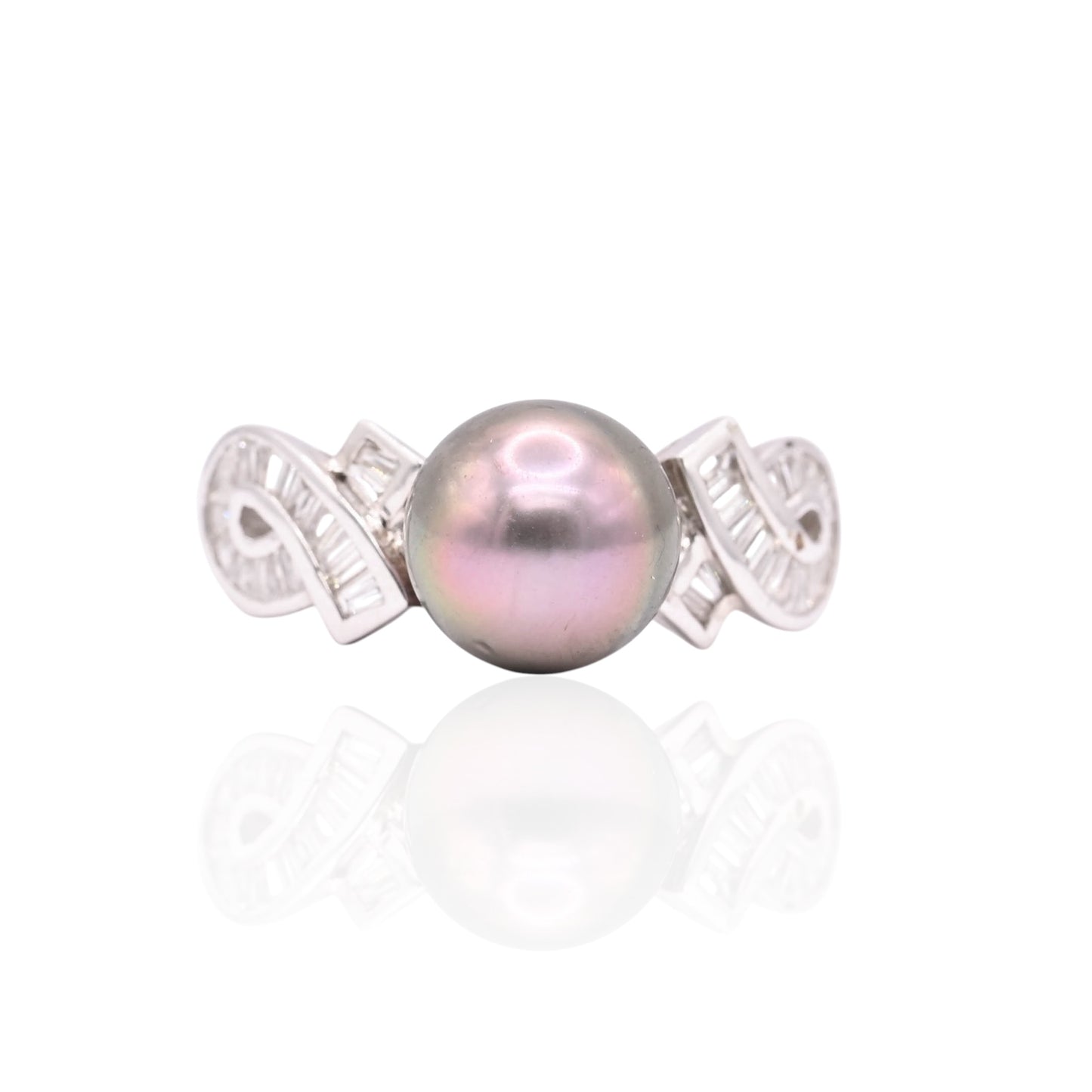 Tahitian Pearl and Ribboned Diamond Ring 14K White Gold Size 7.25 0.25cttw