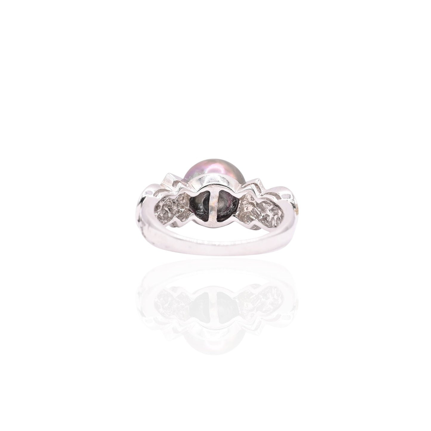 Tahitian Pearl and Ribboned Diamond Ring 14K White Gold Size 7.25 0.25cttw