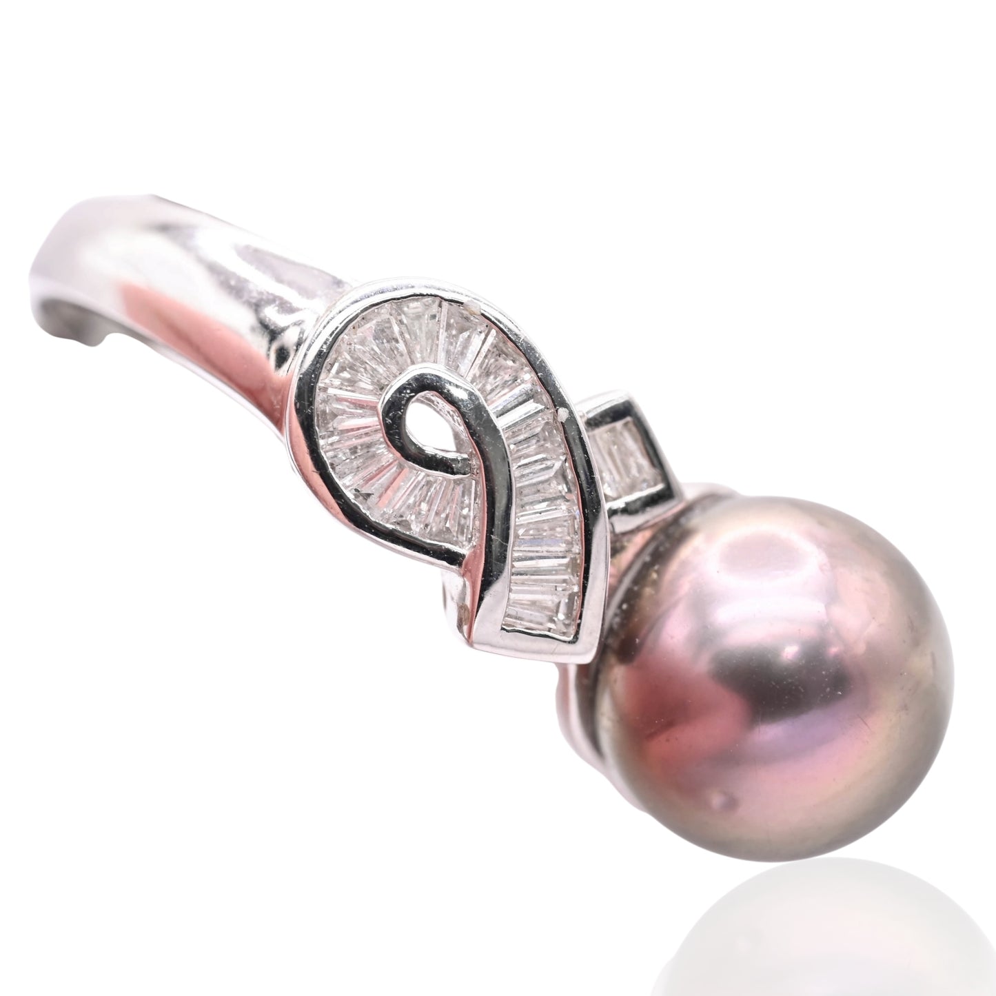 Tahitian Pearl and Ribboned Diamond Ring 14K White Gold Size 7.25 0.25cttw