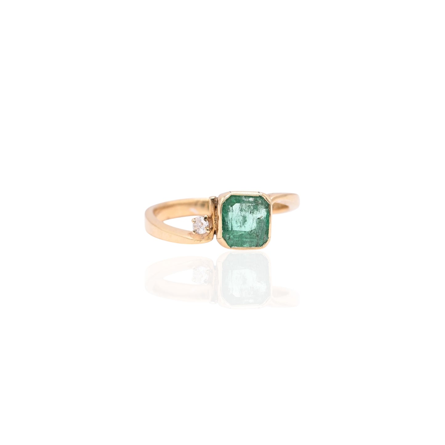 Bezel Asscher Emerald Ring with Side Diamond 18K Yellow Gold Size 7