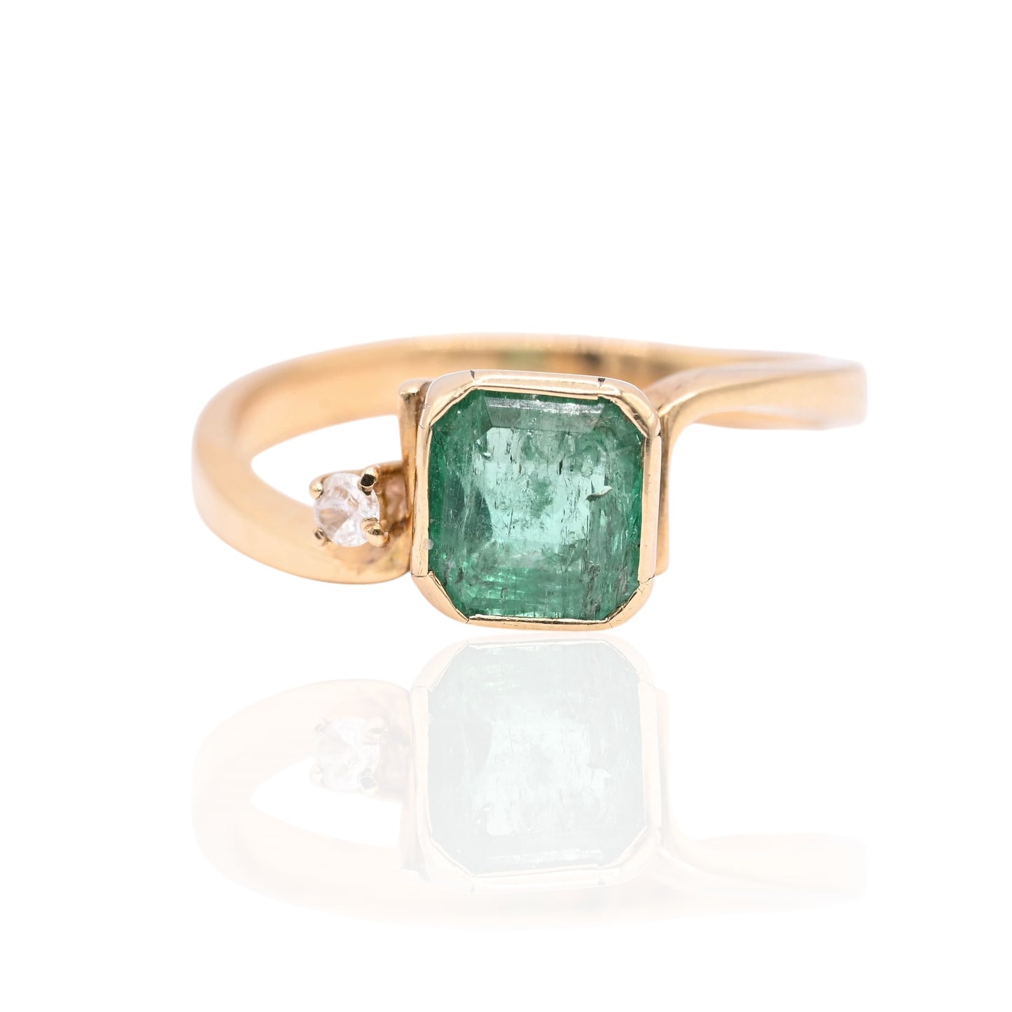 Bezel Asscher Emerald Ring with Side Diamond 18K Yellow Gold Size 7