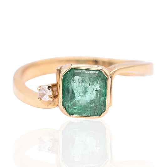 Bezel Asscher Emerald Ring with Side Diamond 18K Yellow Gold Size 7