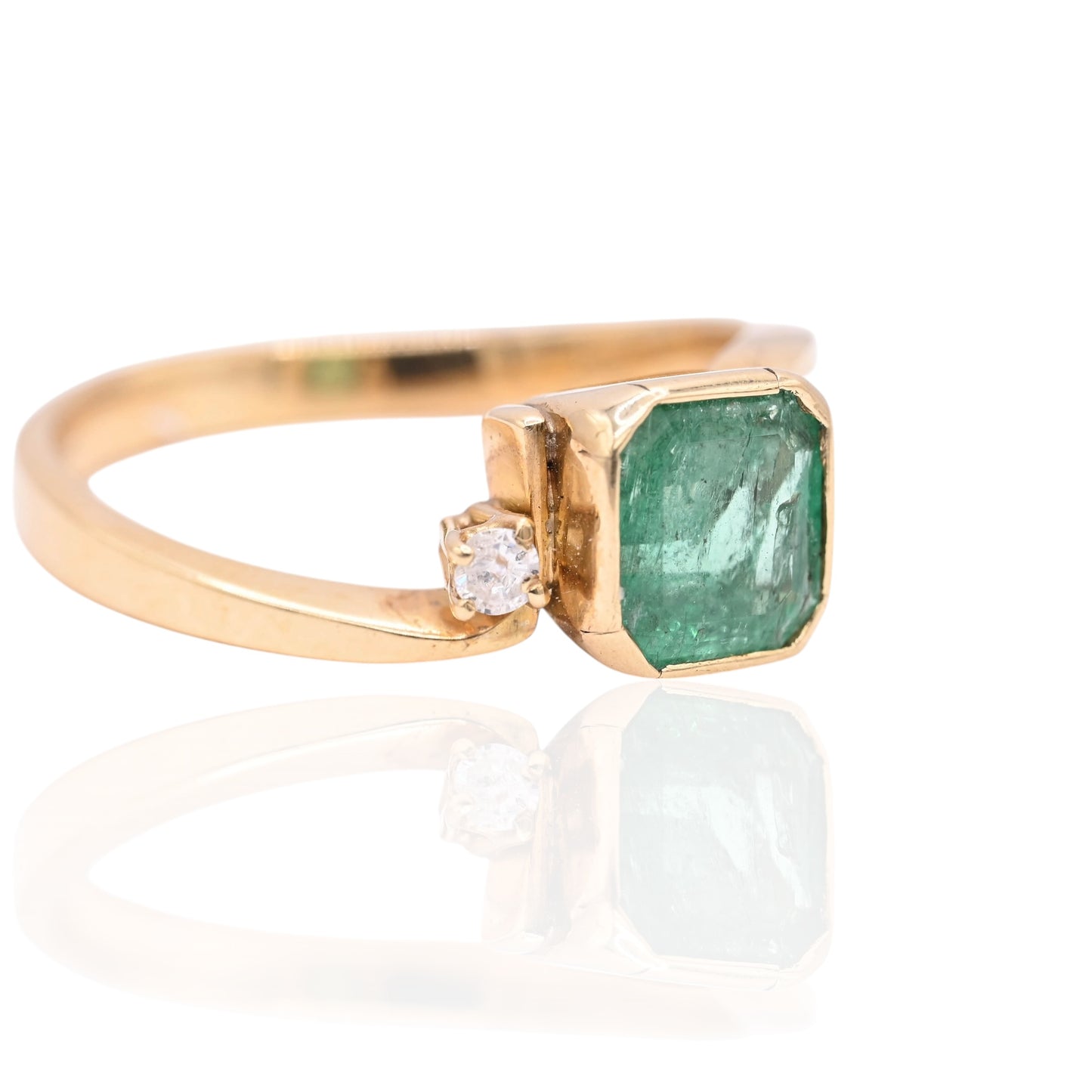 Bezel Asscher Emerald Ring with Side Diamond 18K Yellow Gold Size 7