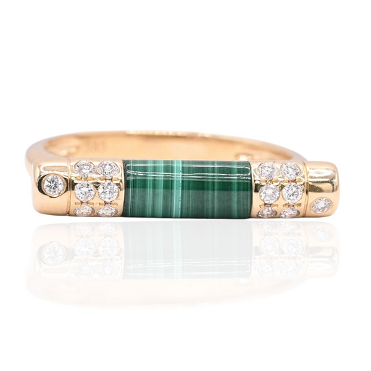 Malachite and Diamond Bar Ring 14K Yellow Gold Size 7 0.16cttw