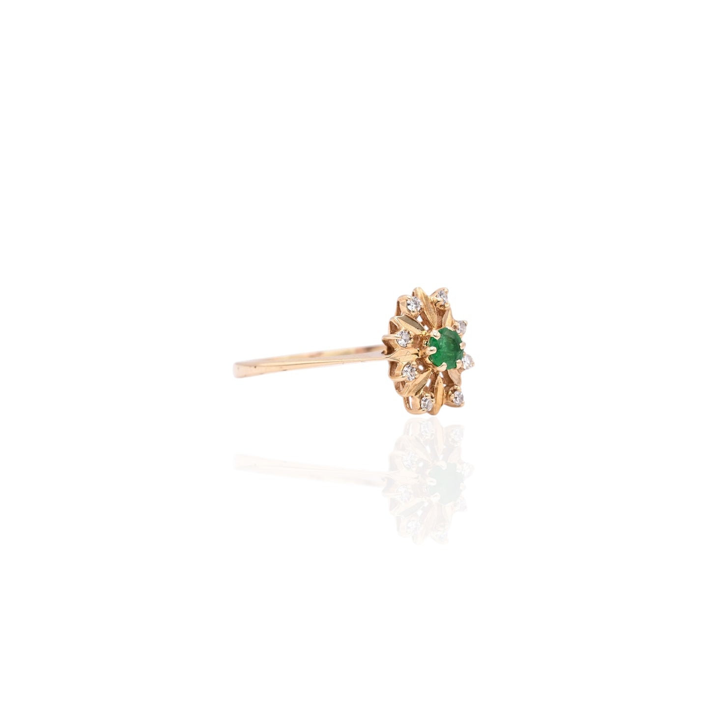 Emerald and Diamond Flower Ring with Basket Setting 14K Yellow Gold Size 7 0.16ct Emerald/0.08cttw DiamondEmerald and Diamond Flower Ring with Basket Setting 14K Yellow Gold Size 7 0.16ct Emerald/0.08cttw Diamond