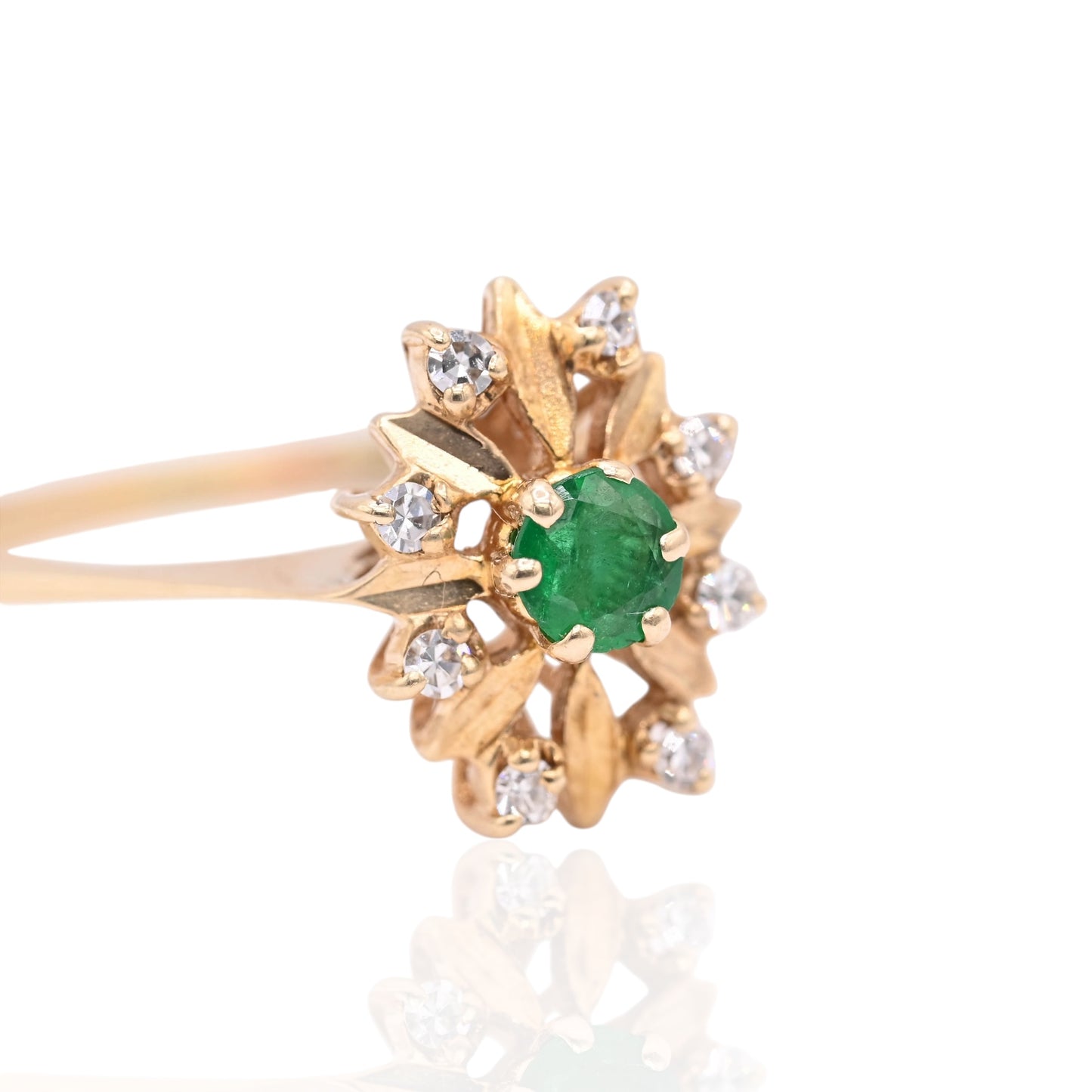 Emerald and Diamond Flower Ring with Basket Setting 14K Yellow Gold Size 7 0.16ct Emerald/0.08cttw DiamondEmerald and Diamond Flower Ring with Basket Setting 14K Yellow Gold Size 7 0.16ct Emerald/0.08cttw Diamond