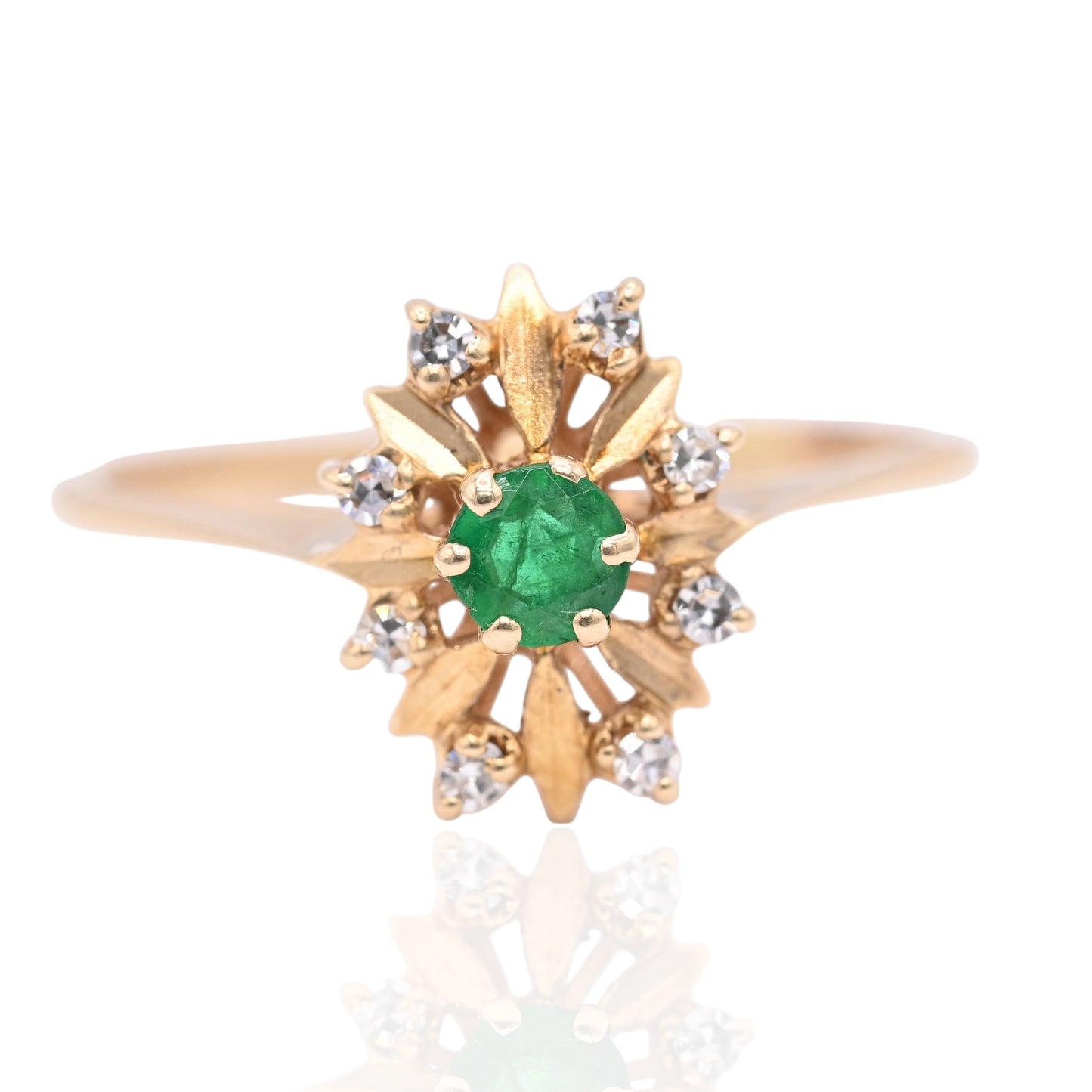 Emerald and Diamond Flower Ring with Basket Setting 14K Yellow Gold Size 7 0.16ct Emerald/0.08cttw DiamondEmerald and Diamond Flower Ring with Basket Setting 14K Yellow Gold Size 7 0.16ct Emerald/0.08cttw Diamond