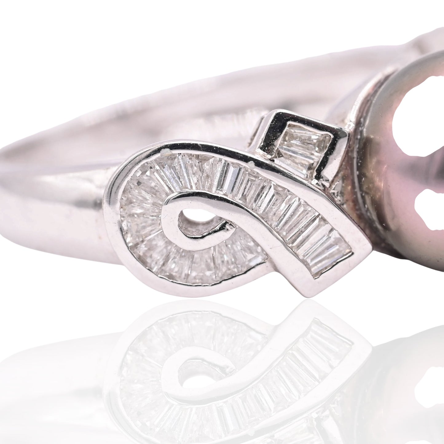 Tahitian Pearl and Ribboned Diamond Ring 14K White Gold Size 7.25 0.25cttw