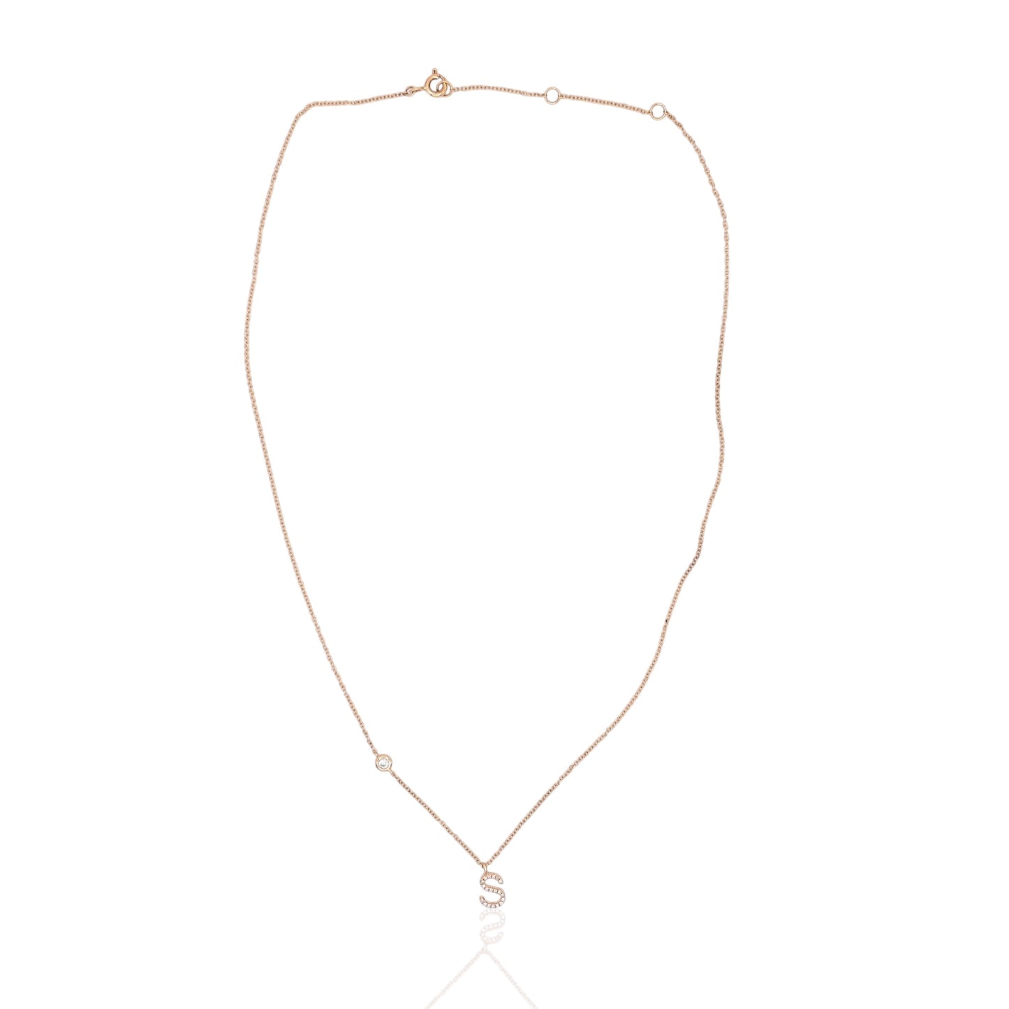 Letter 'S' Diamond Necklace and Bezel Accent Diamond 14K Yellow Gold with Adjustable Cable Chain 16in, 17in, and 18in 0.09cttw
