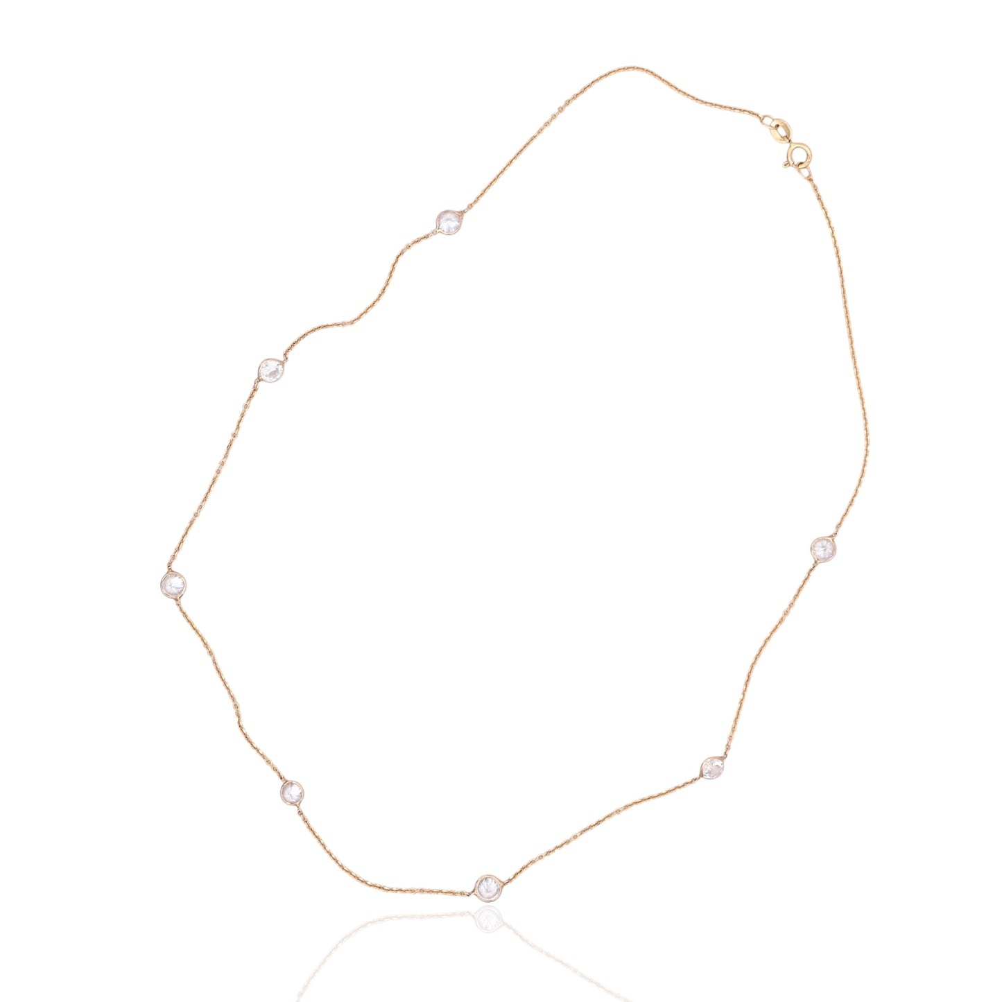 Bezel Station Cubic Zirconia Necklace 14K Yellow Gold with Diamond Cut Cable Chain 16in