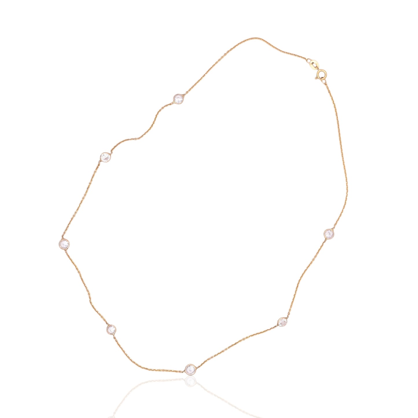 Bezel Station Cubic Zirconia Necklace 14K Yellow Gold with Diamond Cut Cable Chain 16in