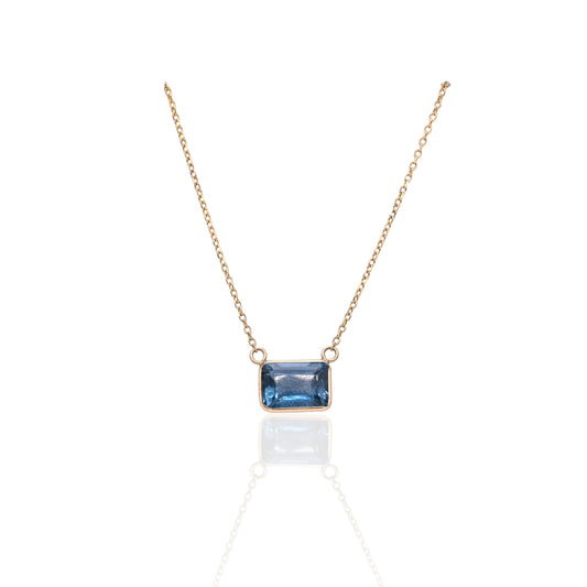 East to West Bezel Blue Topaz Necklace 14K Yellow Gold Adjustable Diamond Cut Chain 16.25in, 17.25in, and 18.25in 1.30cttw