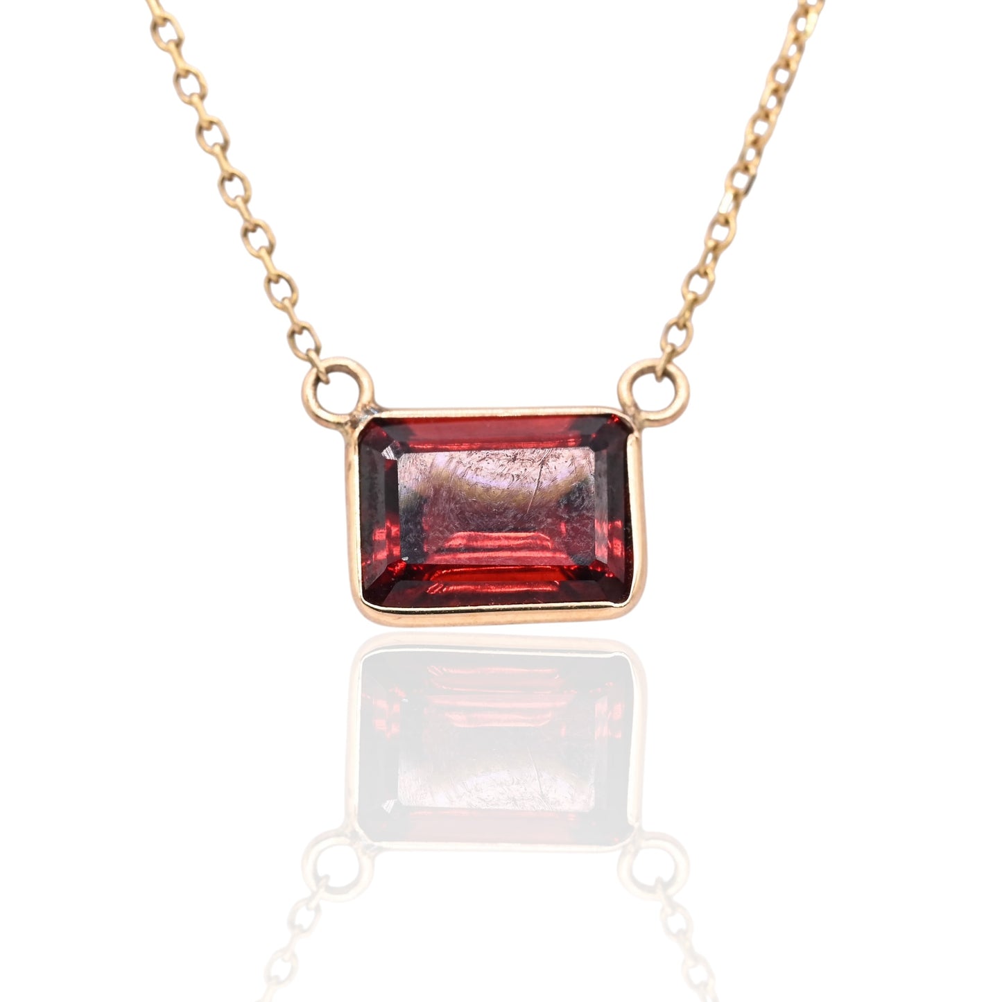 East to West Bezel Garnet Necklace 14K Yellow Gold Adjustable Diamond Cut Chain 16.25in, 17.25in, and 18.25in 1.25cttw