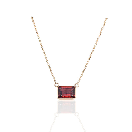 East to West Bezel Garnet Necklace 14K Yellow Gold Adjustable Diamond Cut Chain 16.25in, 17.25in, and 18.25in 1.25cttw