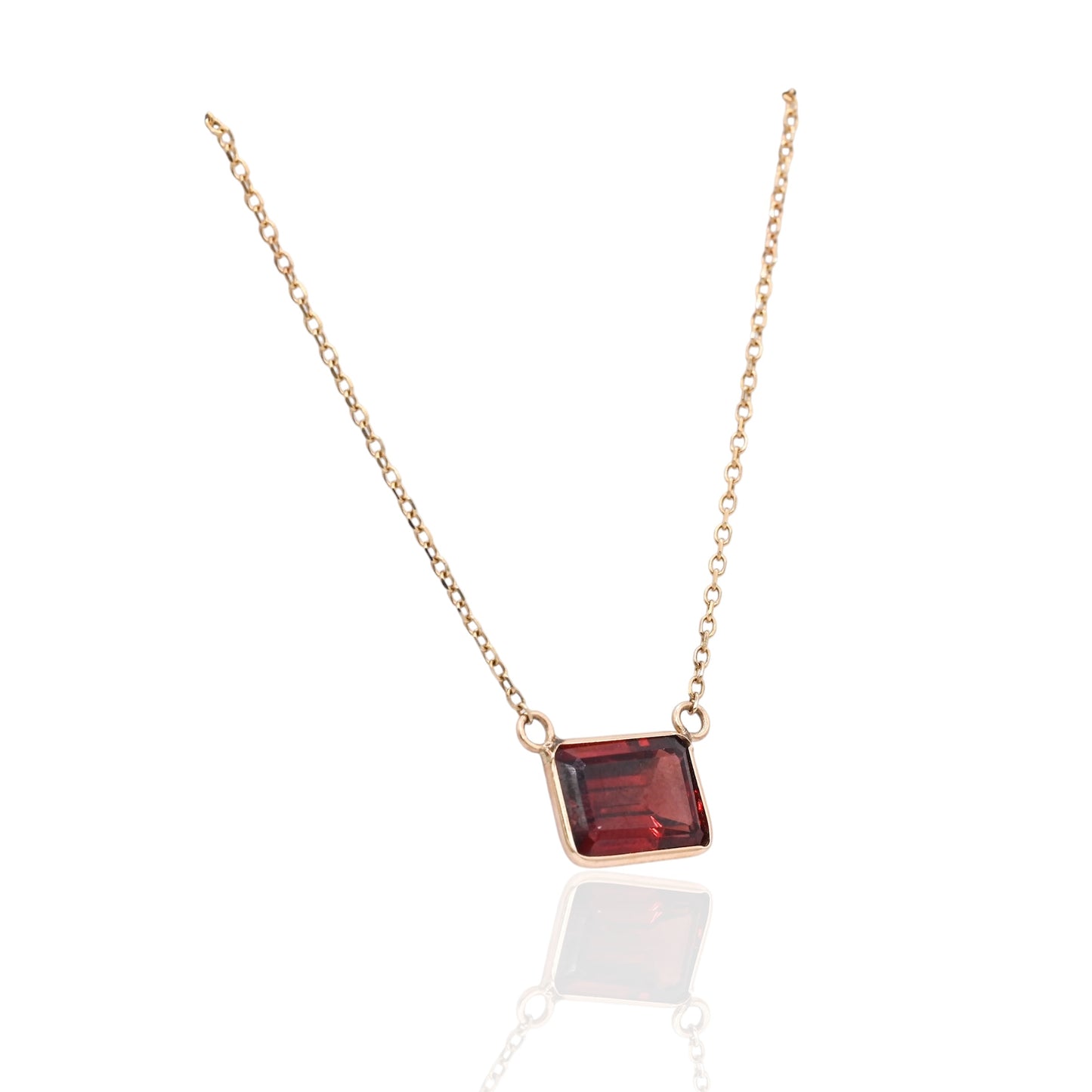 East to West Bezel Garnet Necklace 14K Yellow Gold Adjustable Diamond Cut Chain 16.25in, 17.25in, and 18.25in 1.25cttw