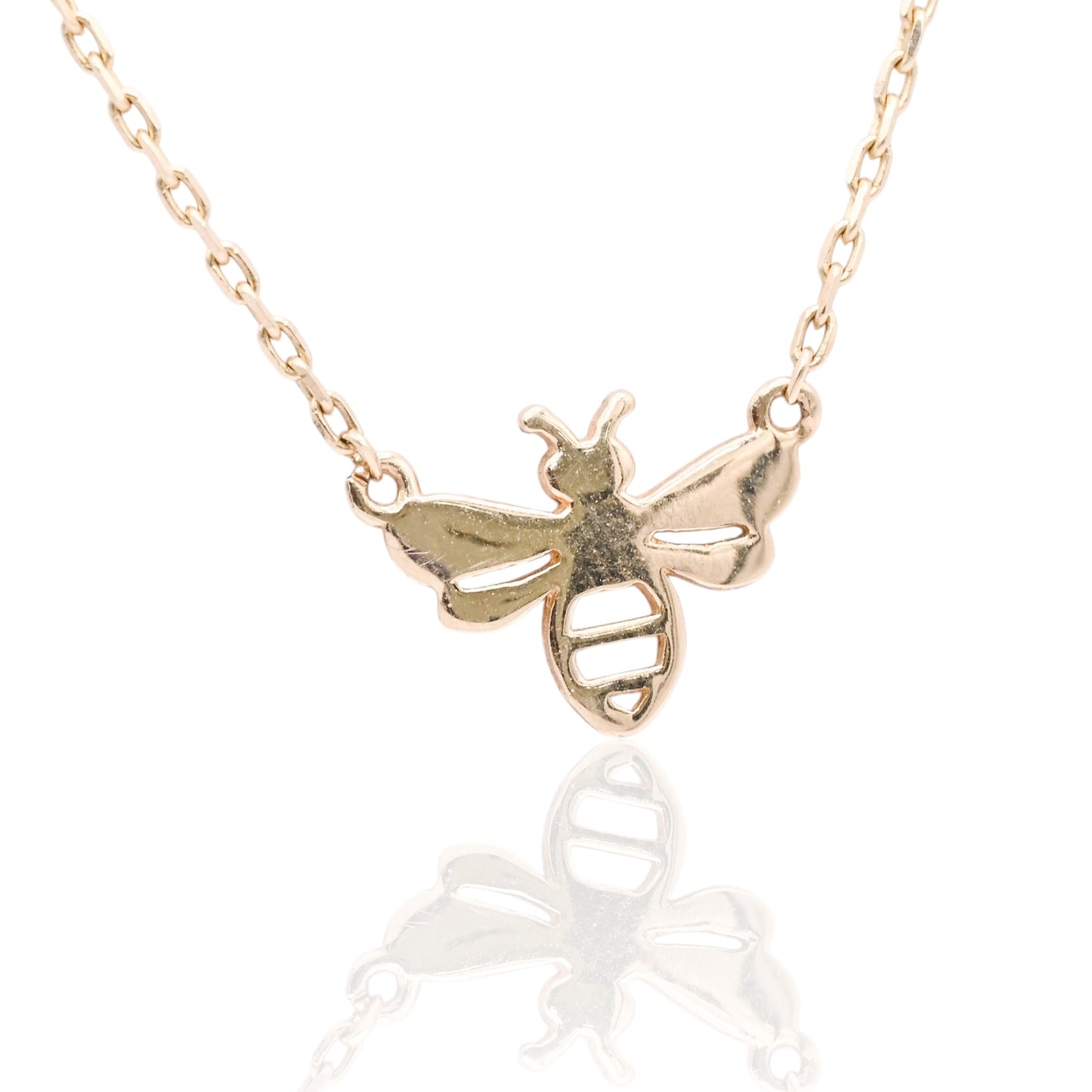 Dainty Bee Necklace 14K Yellow Gold on 17in Diamond Cut Cable Chain