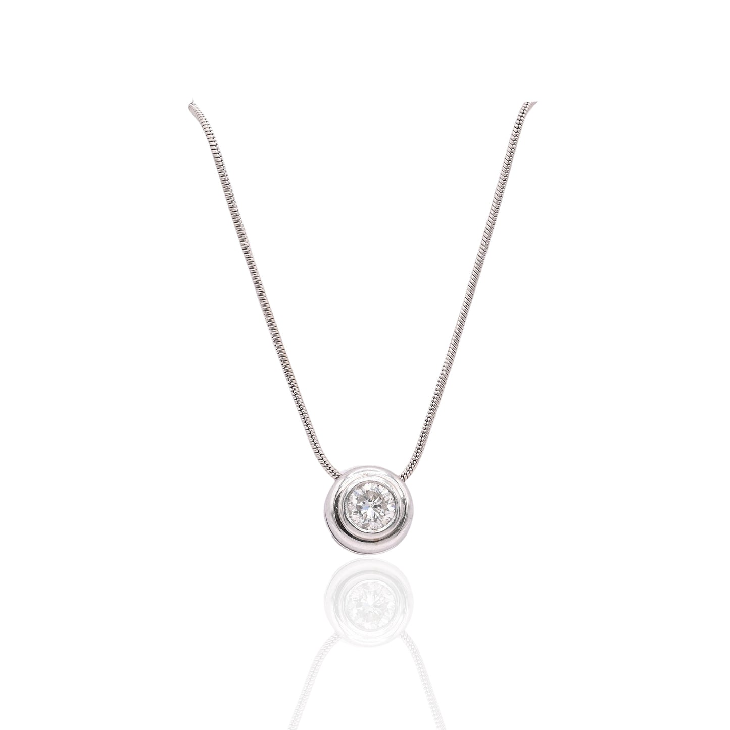 Round Bezel Diamond Slider Necklace 14K White Gold with 16.25in Snake Chain 0.33cttw
