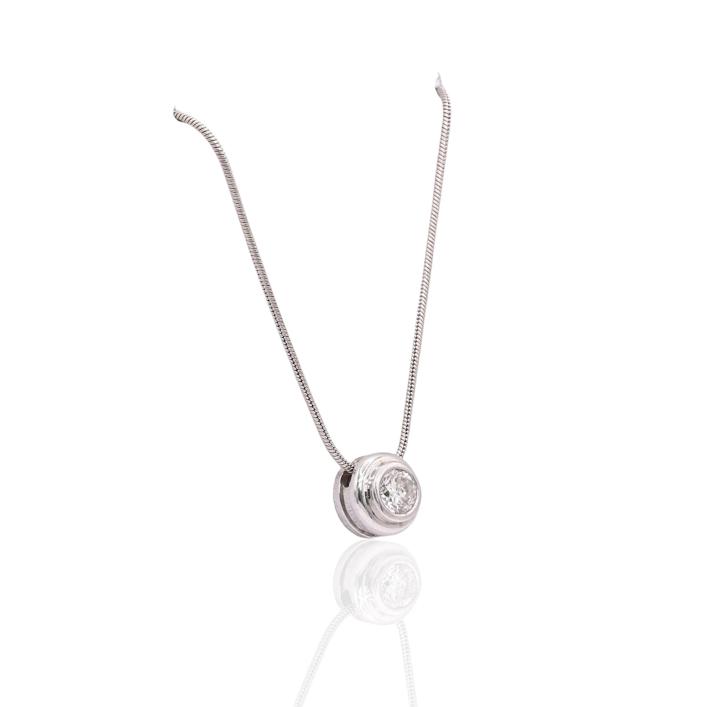Round Bezel Diamond Slider Necklace 14K White Gold with 16.25in Snake Chain 0.33cttw