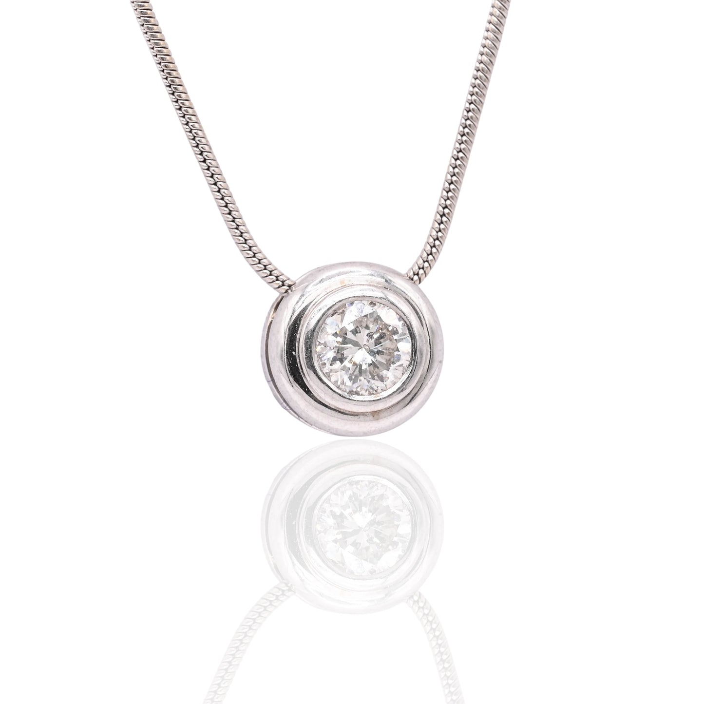 Round Bezel Diamond Slider Necklace 14K White Gold with 16.25in Snake Chain 0.33cttw