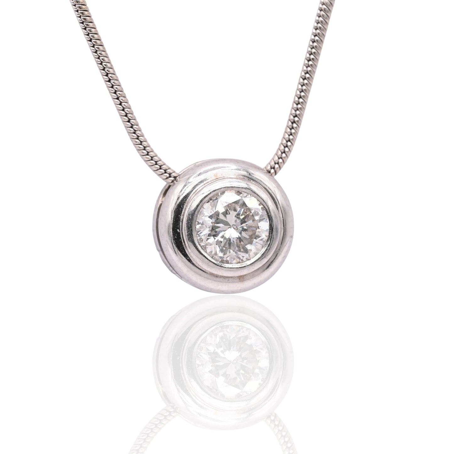 Round Bezel Diamond Slider Necklace 14K White Gold with 16.25in Snake Chain 0.33cttw
