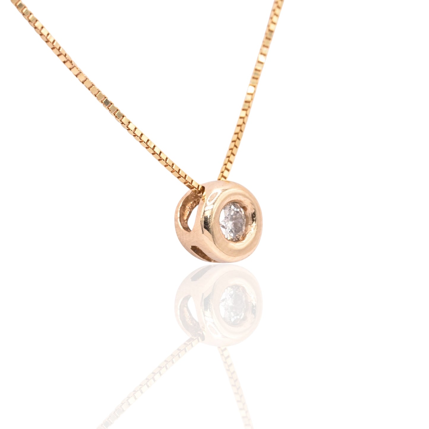 Round Bezel Diamond Slider Necklace 14K Yellow Gold with 18in Box Chain 0.04cttw