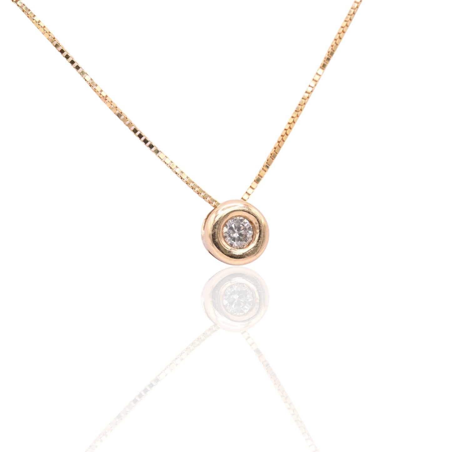 Round Bezel Diamond Slider Necklace 14K Yellow Gold with 18in Box Chain 0.04cttw