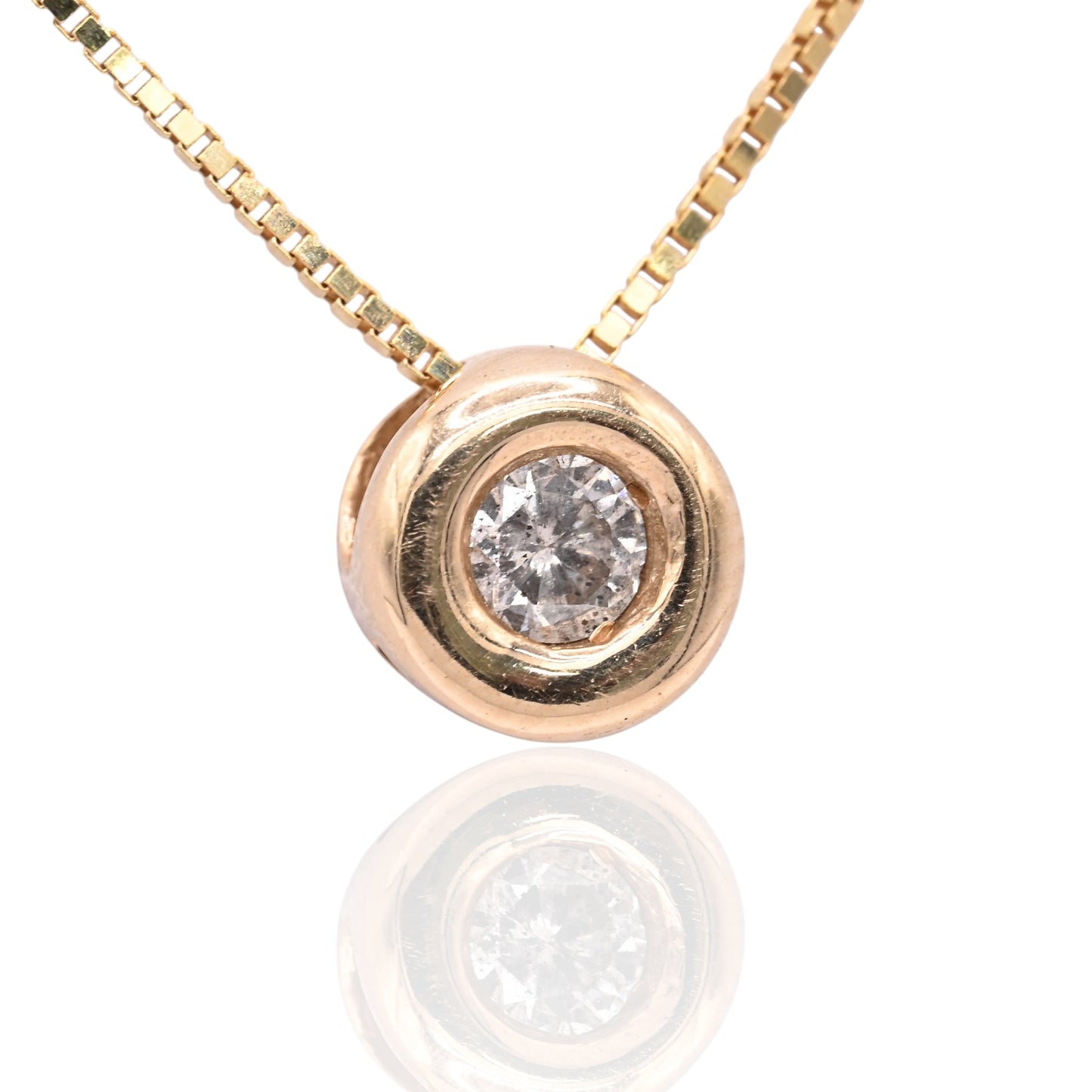 Round Bezel Diamond Slider Necklace 14K Yellow Gold with 18in Box Chain 0.04cttw