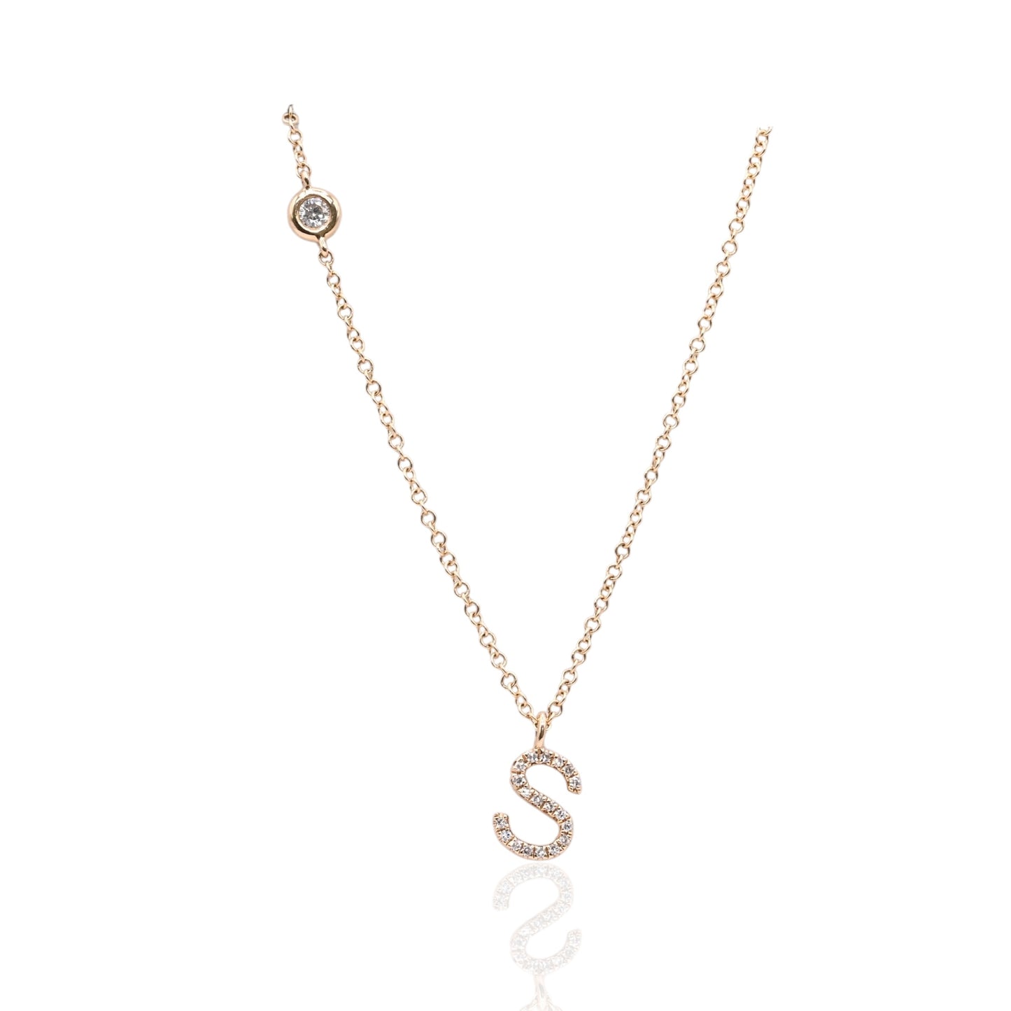 Letter 'S' Diamond Necklace and Bezel Accent Diamond 14K Yellow Gold with Adjustable Cable Chain 16in, 17in, and 18in 0.09cttw