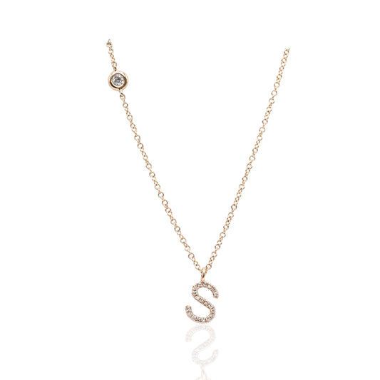 Letter 'S' Diamond Necklace and Bezel Accent Diamond 14K Yellow Gold with Adjustable Cable Chain 16in, 17in, and 18in 0.09cttw