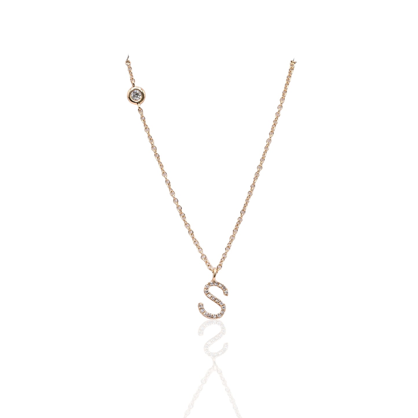 Letter 'S' Diamond Necklace and Bezel Accent Diamond 14K Yellow Gold with Adjustable Cable Chain 16in, 17in, and 18in 0.09cttw