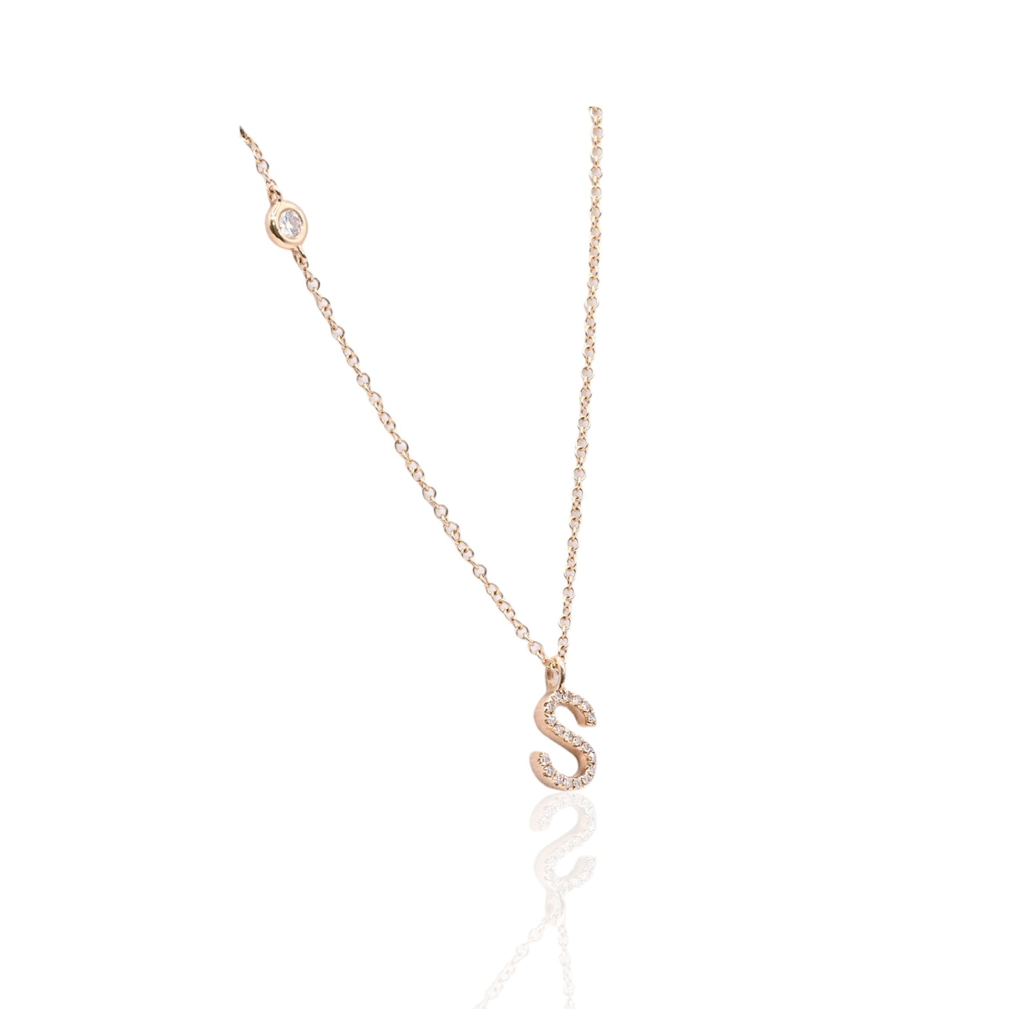 Letter 'S' Diamond Necklace and Bezel Accent Diamond 14K Yellow Gold with Adjustable Cable Chain 16in, 17in, and 18in 0.09cttw